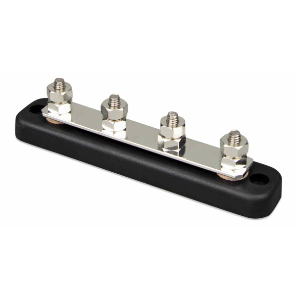 Busbar with 4 terminal connections on a black plastic base and come with a plastic cover to protect terminals.